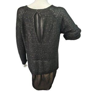 Mixumi Black Mesh Knit Sequin Sweater Sheer High Low Cut Out Back Womens M